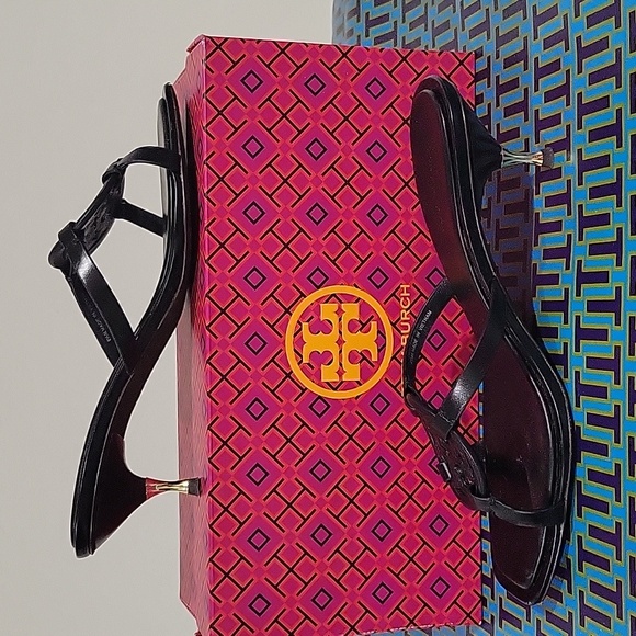 Tory Burch Geo Bombe Miller Leather Black Gold Heeled Sandals- Size 8.5 - Picture 8 of 15